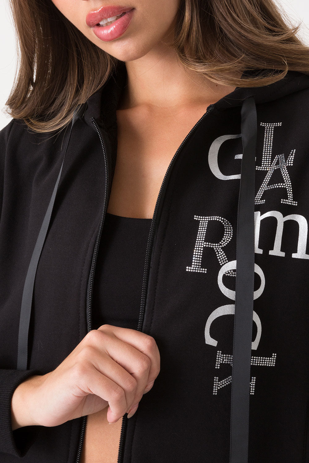 FELPA CAPPUCCIO ZIP CON STAMPA A CONTRASTO