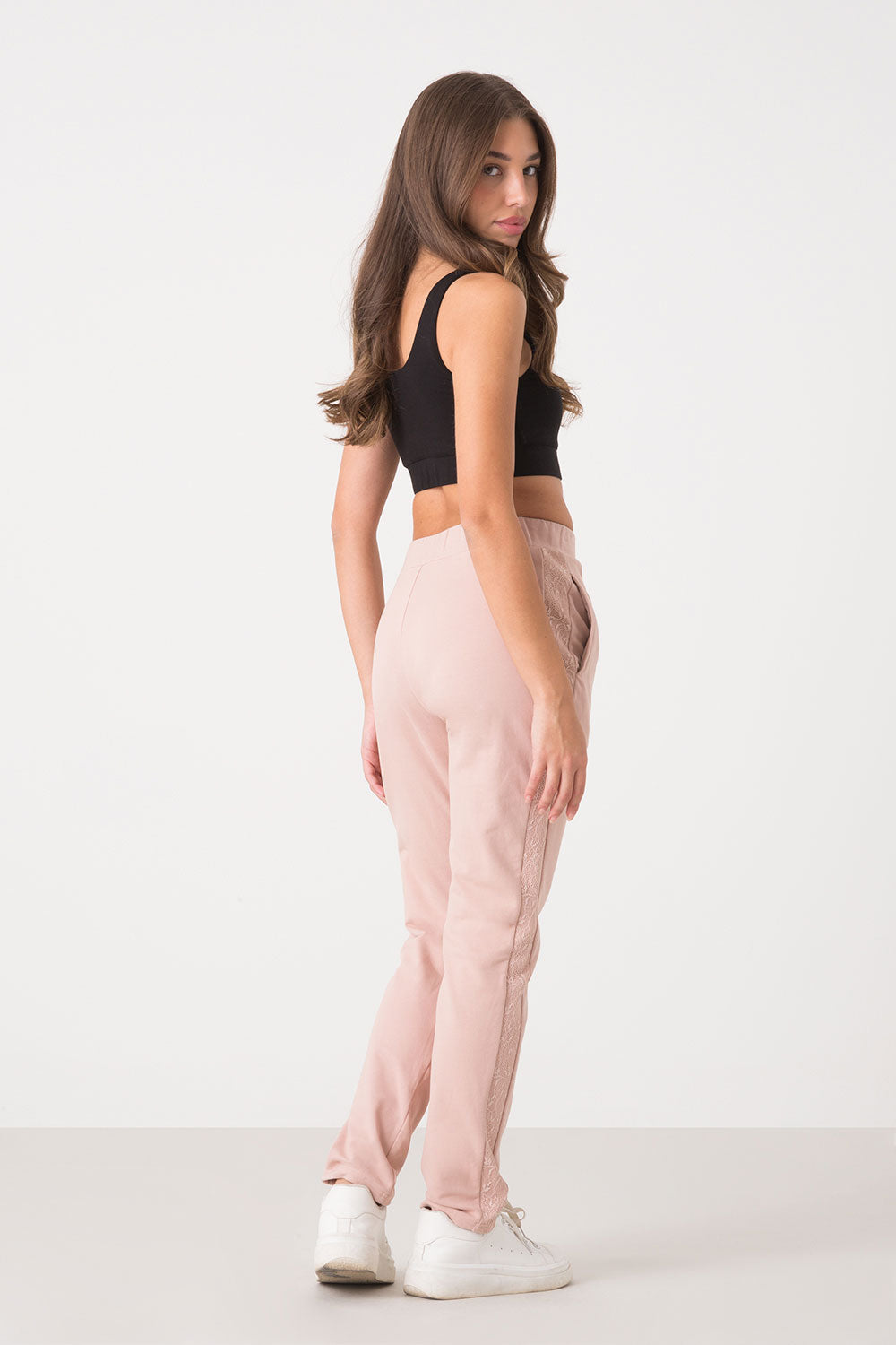 PANTALONE FELPA STRETCH CON DETTAGLI IN PIZZO