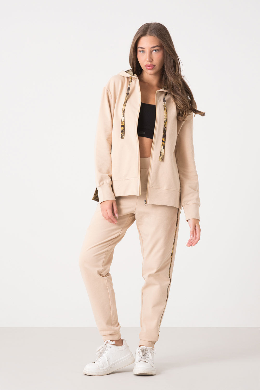 FELPA CAPPUCCIO FULL ZIP CON DETTAGLI STAMPA ANIMALIER