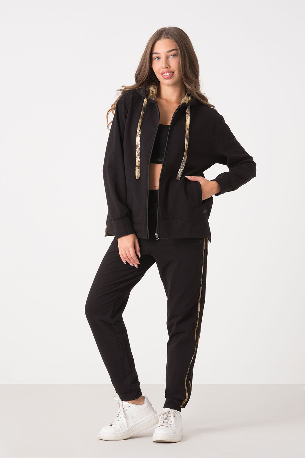 FELPA CAPPUCCIO FULL ZIP CON DETTAGLI STAMPA ANIMALIER