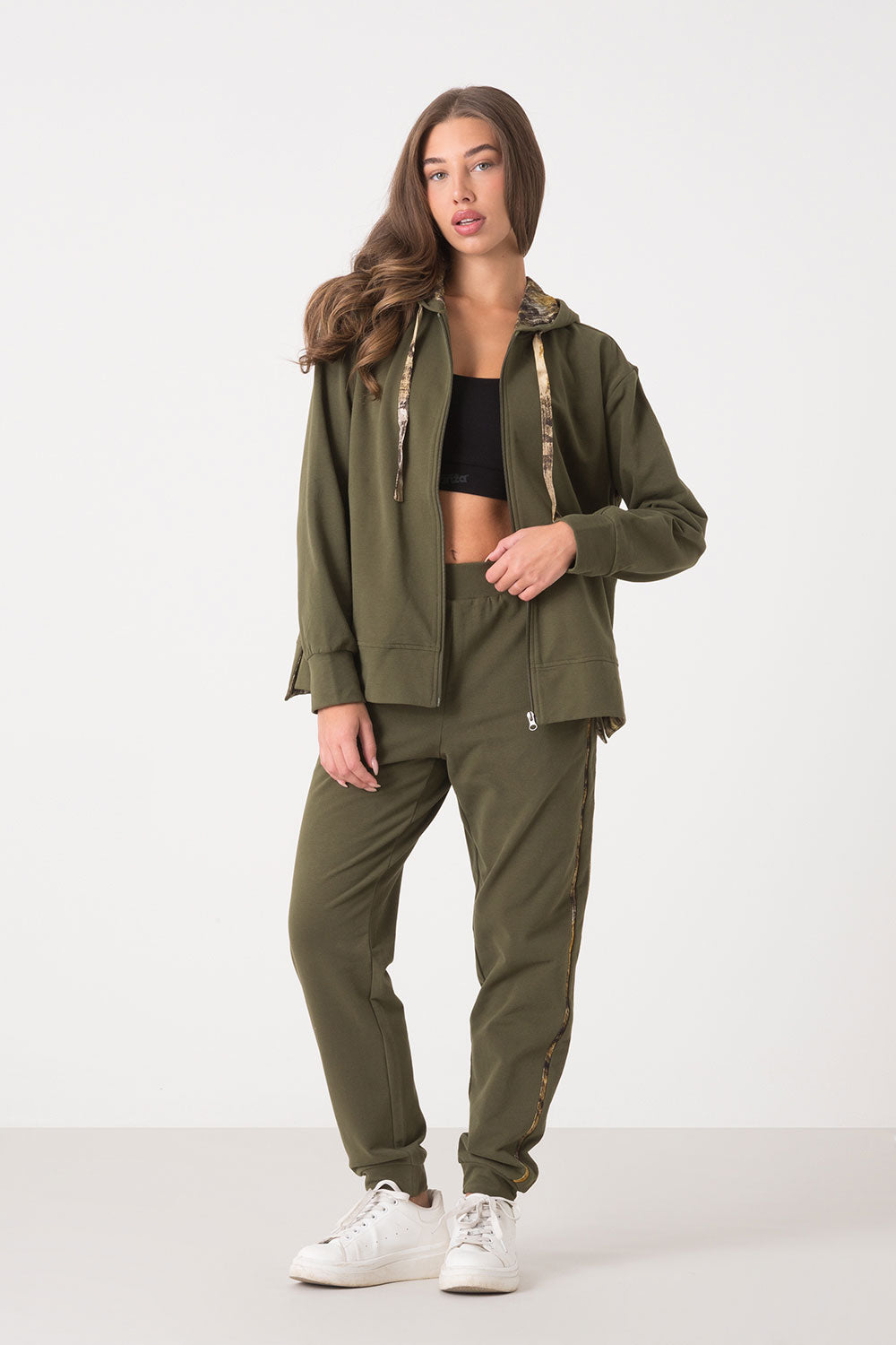 FELPA CAPPUCCIO FULL ZIP CON DETTAGLI STAMPA ANIMALIER