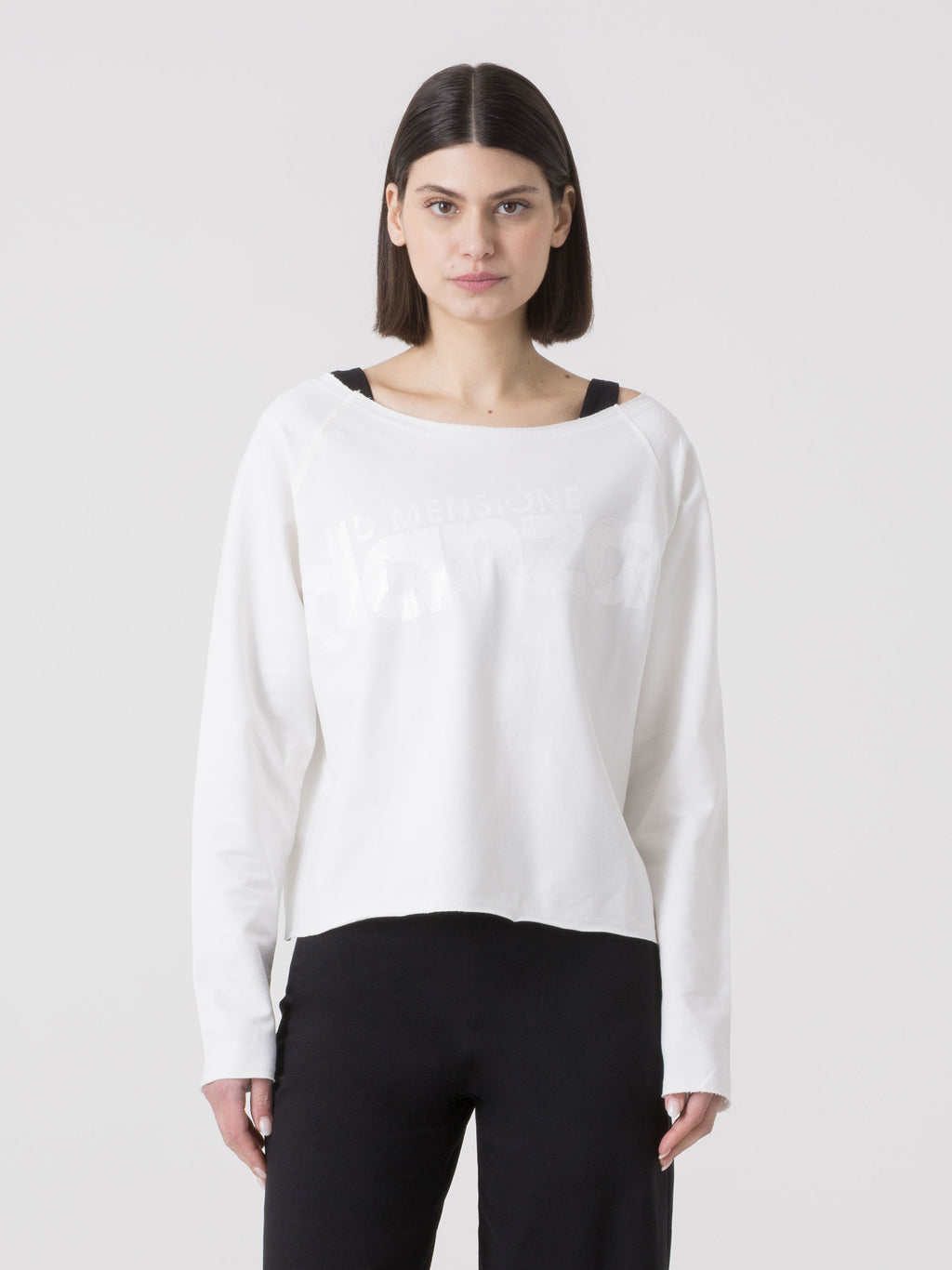 LEICHTES DAME-TANZ-SWEATSHIRT AUS STRETCH-SWEAT MIT U-BOOT-AUSSCHNITT UND FRONTLOGO
